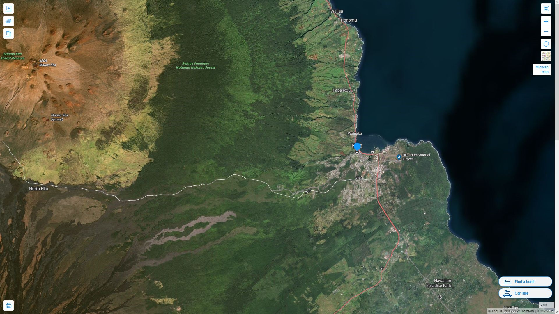 Hilo Hawaii Highway and Road Map with Satellite View